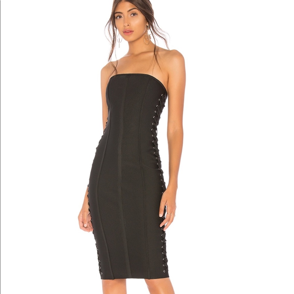Mimi Lace Up Strapless Dress in Black